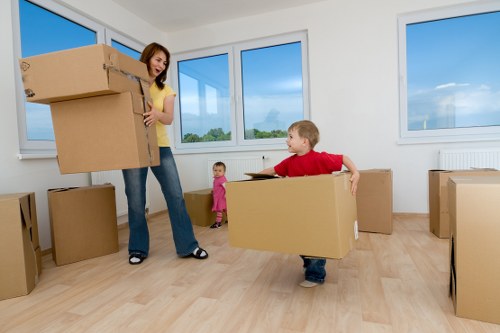 Packed office equipment ready for safe removal in Chiswick