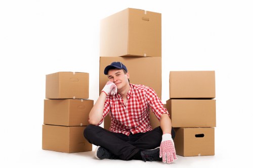 Packed household boxes ready for house removals in Chiswick